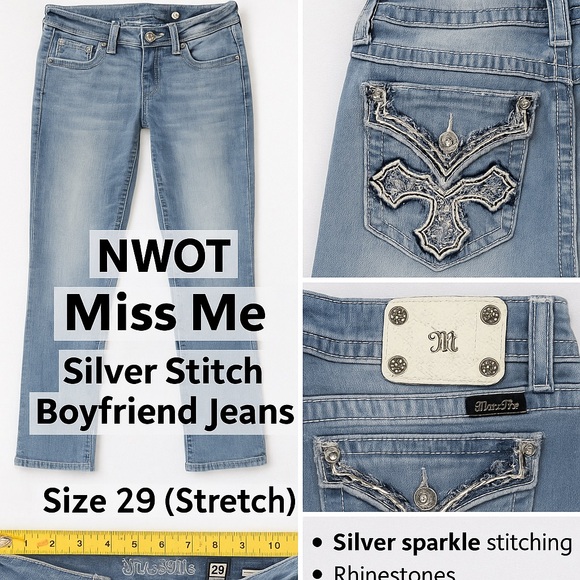 Miss Me Denim - NWOT Miss Me Silver Stitch Boyfriend Jeans – Size 29 (Stretch)